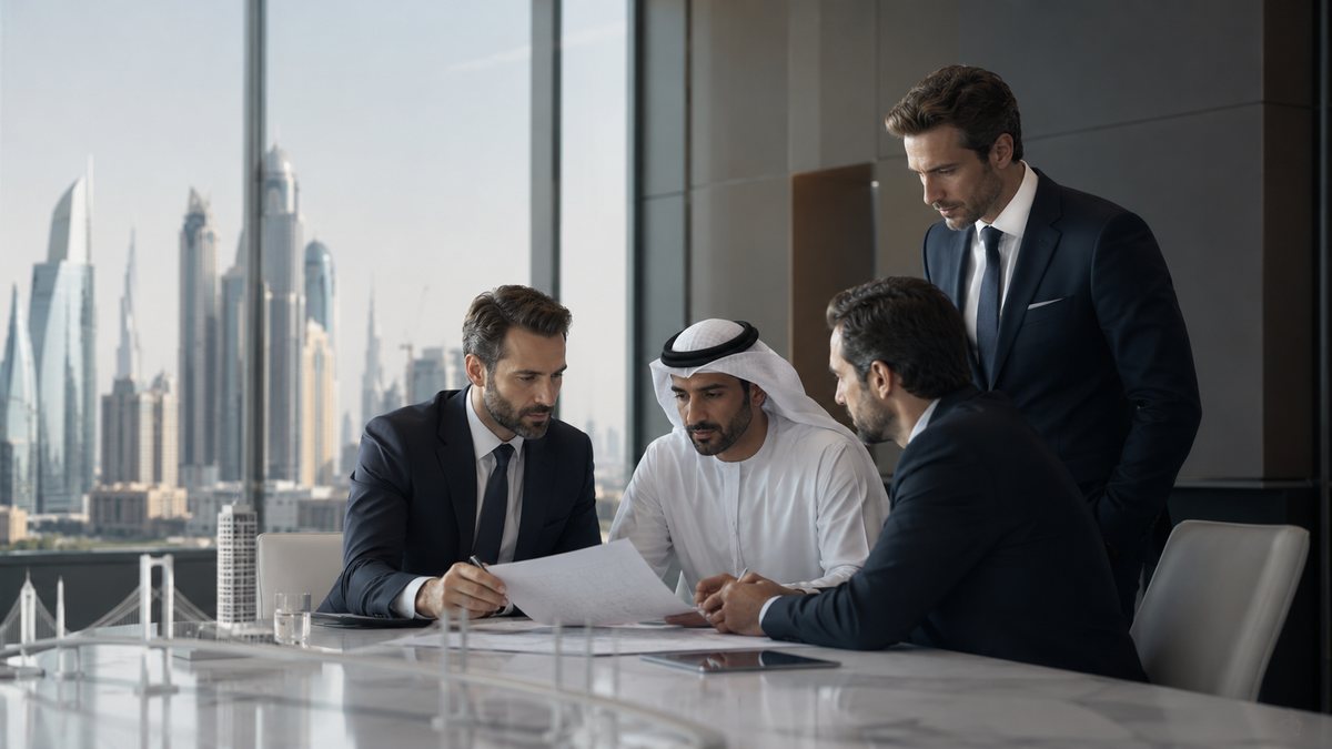 Réunion de conseil entre dirigeants européens et un partenaire du Golfe, devant la skyline de Dubaï